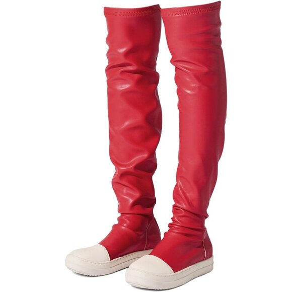 Women Red Polyurethane (PU) Flat Over The Knee Round Toe Thigh High Boots - Picture 1 of 6